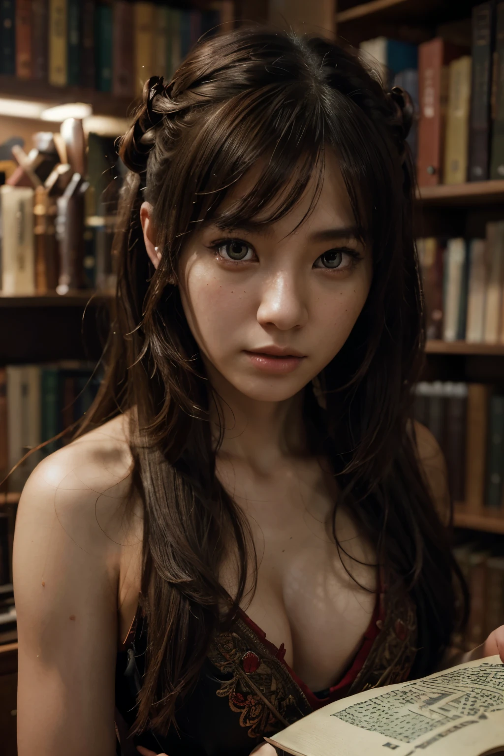 1girl, solo, bookshelf, pile of books, suzuno, indoors, hair ornament, yuina, red eyes, (masterpiece, best quality, 8k, realistic, photorealistic, HDR, studio lighting, cinematic lighting, extremely detailed, hyper detailed facial features, highly detailed, intricate details, sharp focus),