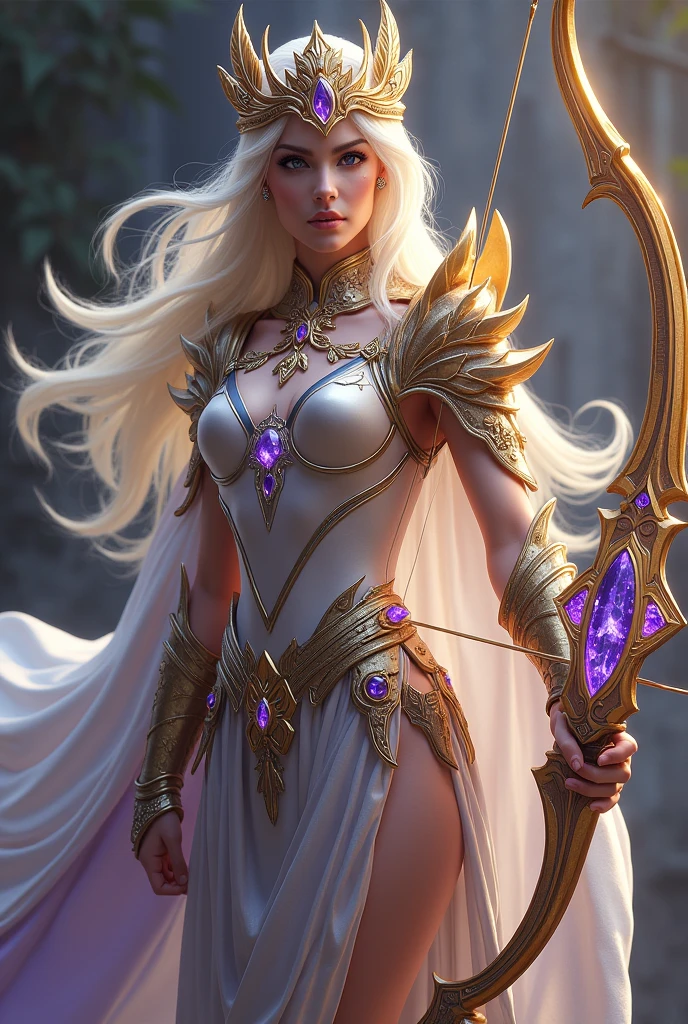 The Queen of the Arc is a majestic and elegant figure, dressed in light, gleaming armor that combines shades of gold, silver and purple. She carries an enchanted bow, encrusted with precious gems that emit an ethereal glow. Your cloak flows gracefully in the wind, and his golden crown, adorned with feather and jewel details, symbolizes their royal status. The Queen of Arc has piercing eyes and a determined gaze, and is accompanied by a magical aura that makes its arrows even more powerful and accurate..