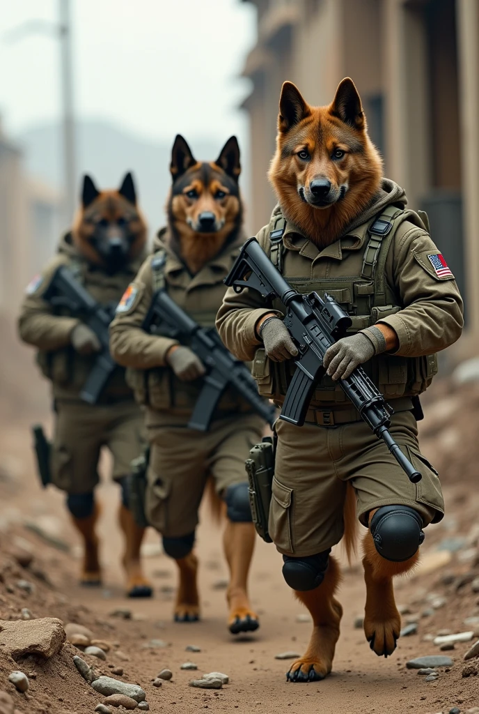 A group of dogs wearing military uniforms .They carry m4 weapons.