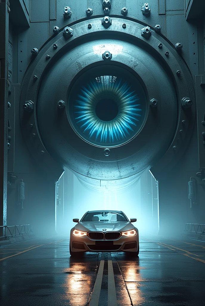 A giant mechanical eye, with pupils shaped like nuts and bolts, that a car passes through. The eye is surrounded by X-rays that reveal the interior of the vehicle, but the image is distorted and full of dark and mysterious shadows. The background is a gradient of dark and cold colors, creating an atmosphere of suspense. cyberpunk style. extreme detail. 8k.