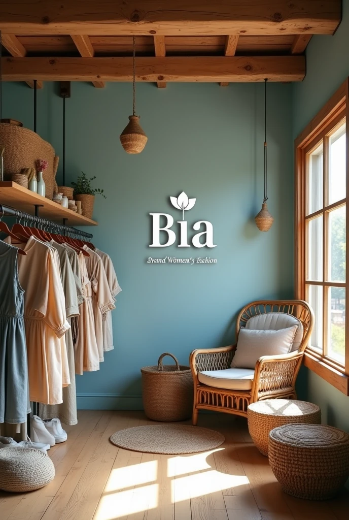 create a farm style women's clothing store with the logo in white “bia brand women's fashion” with a light blue background