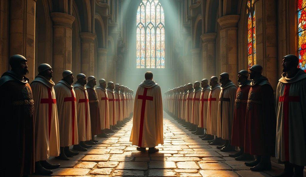 Knights Templar in formation, facing left and right towards a group of men portrayed in chiaroscuro with dramatic lighting, medieval architecture in the background, stained glass windows casting colorful patterns on the stone floor, volumetric light emphasizing the scene, digital painting.