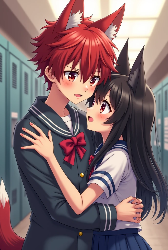Anime boy with red hair, fox ears and school uniform hugging an anime girl with long black hair, red eyes, cat ears is surprised and has no reaction