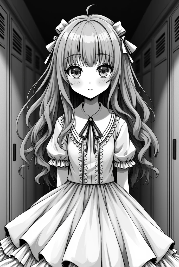 Monochrome manga art style, strikingly beautiful Coquette Yandere Simulator OC, flowing pastel ruffled dress adorned with lace and ribbons, soft collar framing her delicate neck, intricately detailed hair cascading in glossy waves, streaked with subtle highlights, large expressive eyes gleaming with an obsessive glint, lashes dramatically elongated, a subtle smirk hinting at her dual nature of affection and obsession, standing amidst a moody high school hallway, dim ambient lighting casting gentle shadows, locker doors painted in faded hues aligning along the walls, composition centered on her figure emphasizing the enchanting yet  charm, warm and cold contrasts expressed through deep inking techniques and delicate line work, emotional atmosphere balancing sweetness and menace, delicate details accentuating the expression of her manic affection and vulnerability, exaggerated  features enhancing her captivating stare, background elements softly blurred to maintain focus on her character, monochromatic palette of rich blacks and subtle grays with highlights, inspired by traditional black-and-white manga storytelling, utilizing cross-hatching and speedlines to emphasize movement and emotion, intricate line work showcasing the elegance of her attire and the intensity of her gaze