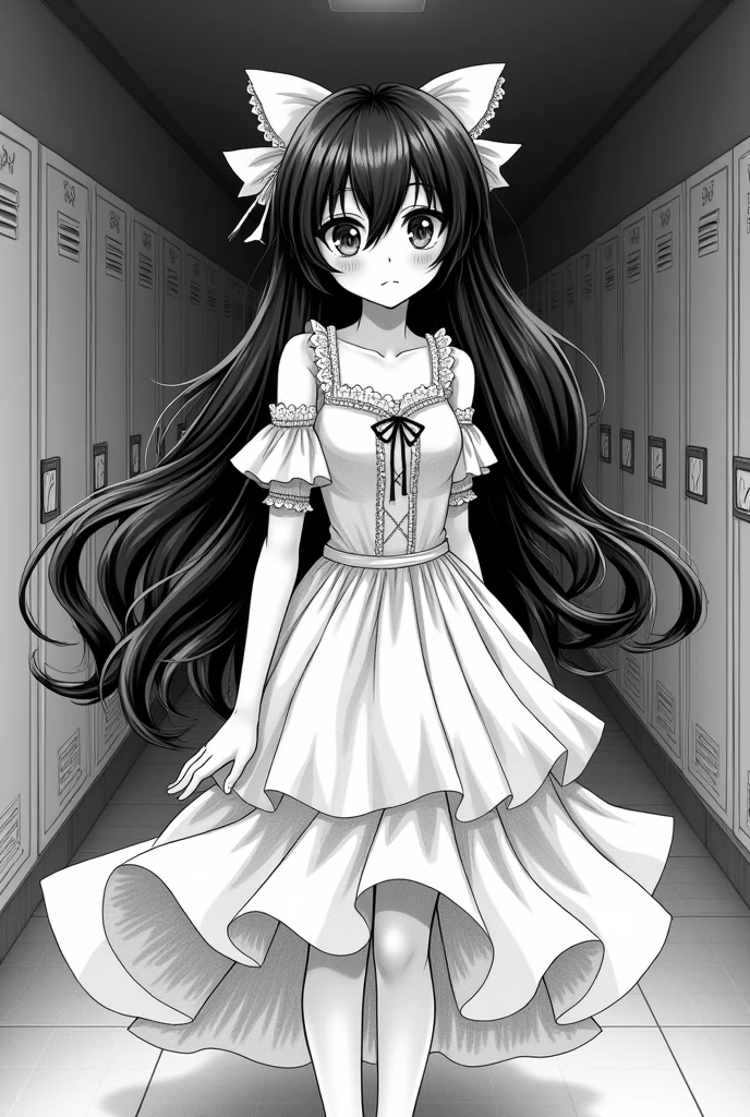 Monochrome manga art style, strikingly beautiful Coquette Yandere Simulator OC, flowing pastel ruffled dress adorned with lace and ribbons, soft collar framing her delicate neck, intricately detailed hair cascading in glossy waves, streaked with subtle highlights, large expressive eyes gleaming with an obsessive glint, lashes dramatically elongated, a subtle smirk hinting at her dual nature of affection and obsession, standing amidst a moody high school hallway, dim ambient lighting casting gentle shadows, locker doors painted in faded hues aligning along the walls, composition centered on her figure emphasizing the enchanting yet  charm, warm and cold contrasts expressed through deep inking techniques and delicate line work, emotional atmosphere balancing sweetness and menace, delicate details accentuating the expression of her manic affection and vulnerability, exaggerated  features enhancing her captivating stare, background elements softly blurred to maintain focus on her character, monochromatic palette of rich blacks and subtle grays with highlights, inspired by traditional black-and-white manga storytelling, utilizing cross-hatching and speedlines to emphasize movement and emotion, intricate line work showcasing the elegance of her attire and the intensity of her gaze