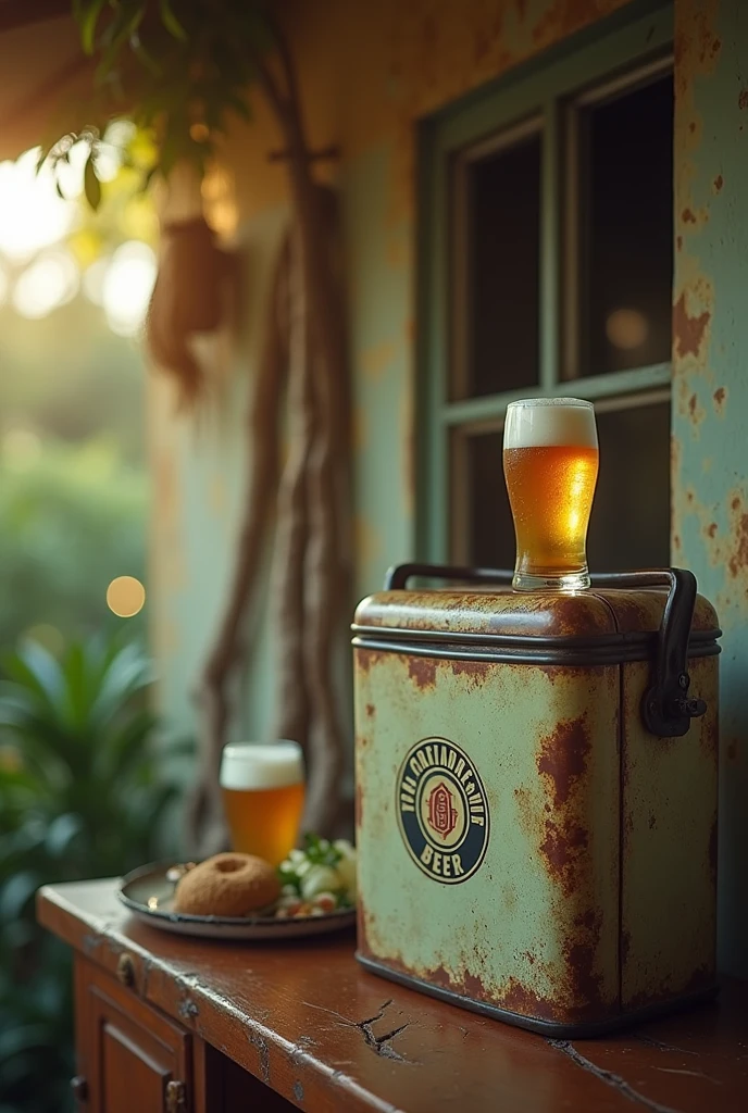 amateur photo, half-light, brazilian house, retro beer cooler with a glass of beer on top