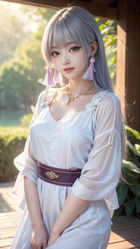 (best quality, masterpiece, high resolution, glow, Flood, Lens flare, Wide Angle), Sunlight, 1 [Korean] girl, ((Plum red:1.1) clothing), necklace, Jewelry, Long hair, earrings, super delicate Face, beautiFul Face, Full Face blush, (perFect eyes) and ( Long eyelashes: 1.4), glowing pupils, (White: 0.9), realism, (High Detail Skin: 1.2), 8K Ultra HD, Digital SLR Camera, high quality, Volumetric Lighting, Frank, high resolution, 4K, 8K, blur background, dream Forest, Radiant garlic, Feather drop eFFect, morning, Foreground, F/16