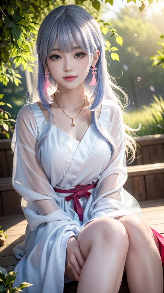 (best quality, masterpiece, high resolution, glow, Flood, Lens flare, Wide Angle), Sunlight, 1 [Korean] girl, ((Plum red:1.1) clothing), necklace, Jewelry, Long hair, earrings, super delicate Face, beautiFul Face, Full Face blush, (perFect eyes) and ( Long eyelashes: 1.4), glowing pupils, (White: 0.9), realism, (High Detail Skin: 1.2), 8K Ultra HD, Digital SLR Camera, high quality, Volumetric Lighting, Frank, high resolution, 4K, 8K, blur background, dream Forest, Radiant garlic, Feather drop eFFect, morning, Foreground, F/16