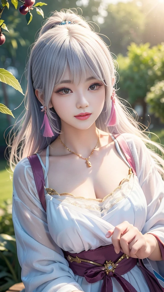 (best quality, masterpiece, high resolution, glow, Flood, Lens flare, Wide Angle), Sunlight, 1 [Korean] girl, ((Plum red:1.1) clothing), necklace, Jewelry, Long hair, earrings, super delicate Face, beautiFul Face, Full Face blush, (perFect eyes) and ( Long eyelashes: 1.4), glowing pupils, (White: 0.9), realism, (High Detail Skin: 1.2), 8K Ultra HD, Digital SLR Camera, high quality, Volumetric Lighting, Frank, high resolution, 4K, 8K, blur background, dream Forest, Radiant garlic, Feather drop eFFect, morning, Foreground, F/16