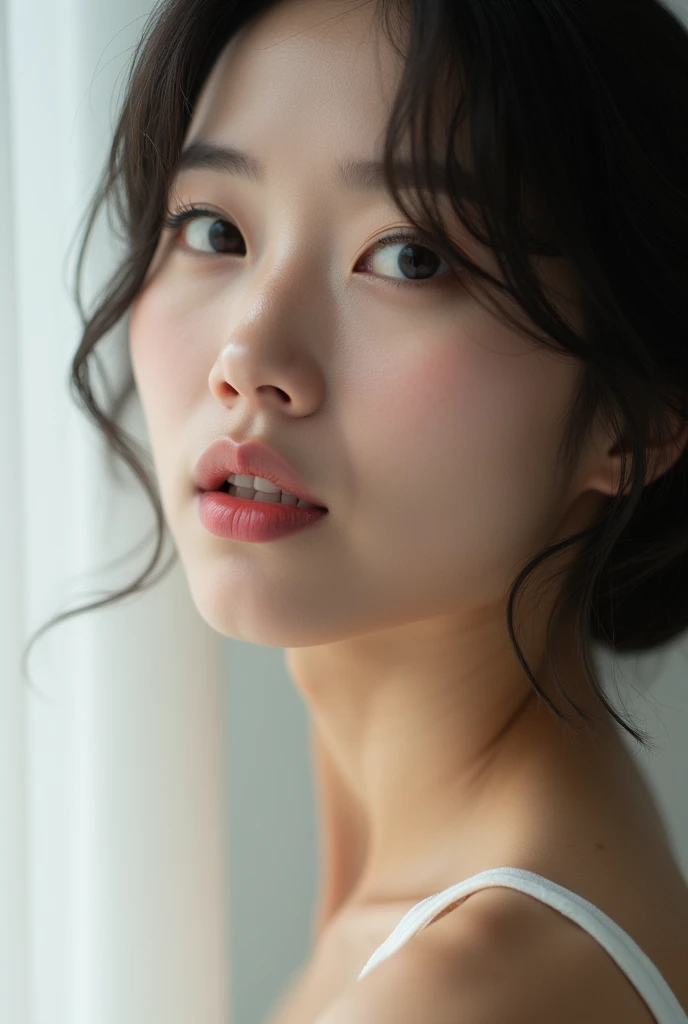 40s日本人、Natural Skin、perfection, She has smooth skin and、She has a gentle yet provocative look..tongueを出す、Design a breathtaking female close-up. Lips are soft、Slightly curved., The faint smile、It suggests something deeper, tongueを出している、She tilts her head up, Gives a sophisticated and calm impression.. background should be white, Emphasize her elegance."tongue, tongueを出す, Shortcuts、40s