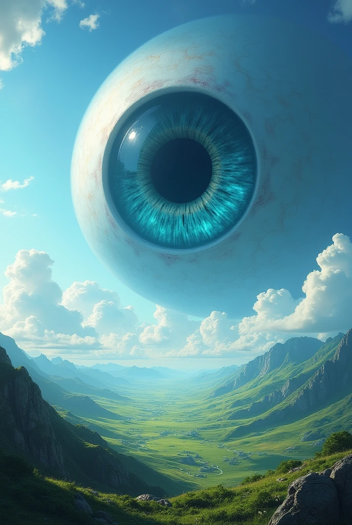 A landscape and beautiful blue sky and a huge eye in the distance watching