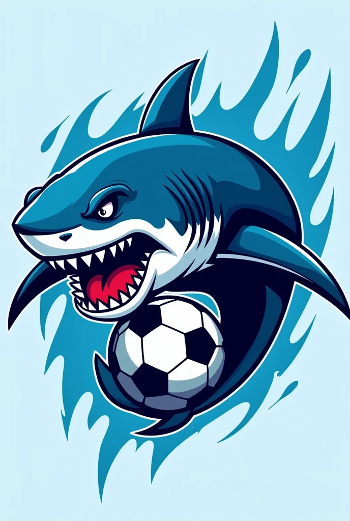 Create a killer shark logo for a soccer sports team with blue and light blue colors including a soccer ball