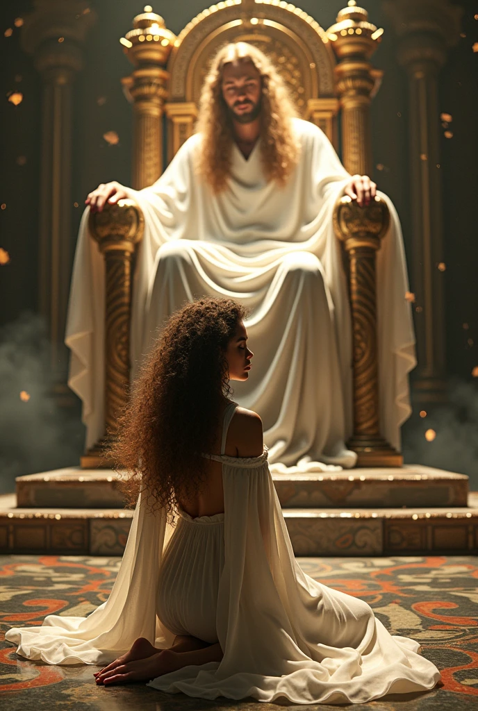 Mystical curly haired woman kneeling in deep worship before God sitting on his biblical throne  