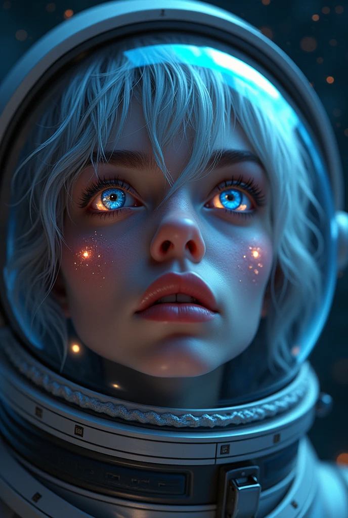 (Close-up of a better masterpiece:1.5)0.9], (Space and astronauts:1.2) (Messy silver hair:1.1) (Heterochromia xanthochromia and blue eyes:1.2) (Space Helmet:1.0) (Colored stars in the eyes:1.0) (A radiant glow:1.1) (thick lips:0.9)