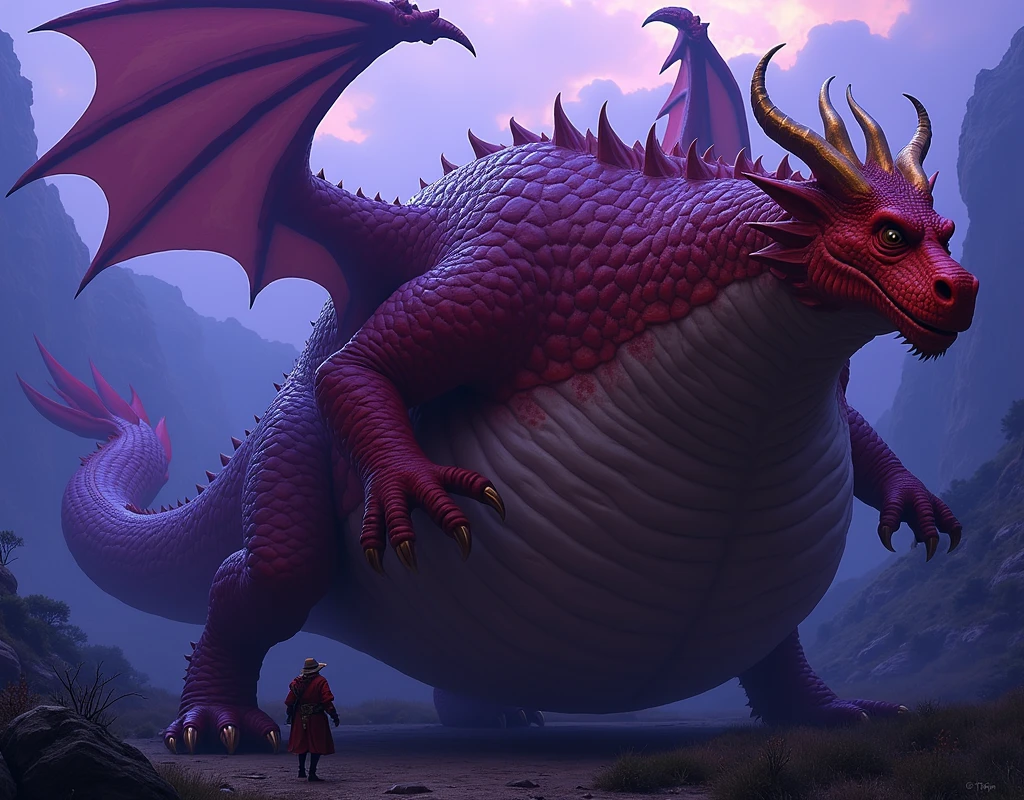 He is a red dragon,He has two arms and two legs and is cool.,Five fingers, five toes, and golden horns, Wings with hands, The world's most super tall and extremely obese dragon, So that the boat touches the ground,, It has wings and its facial features are so thick that it is bigger than its face, fat and huge, and its belly is swollen like a balloon that looks like a mountain that could burst. It is swollen several times more than its size and is distracting.!!! His belly touches the ground and his body is long. He is 10 heads tall. He is alone. He is too fat. His belly is too big and his legs, arms, face, and everything else look small compared to his belly fat. Make him bigger and fatter.