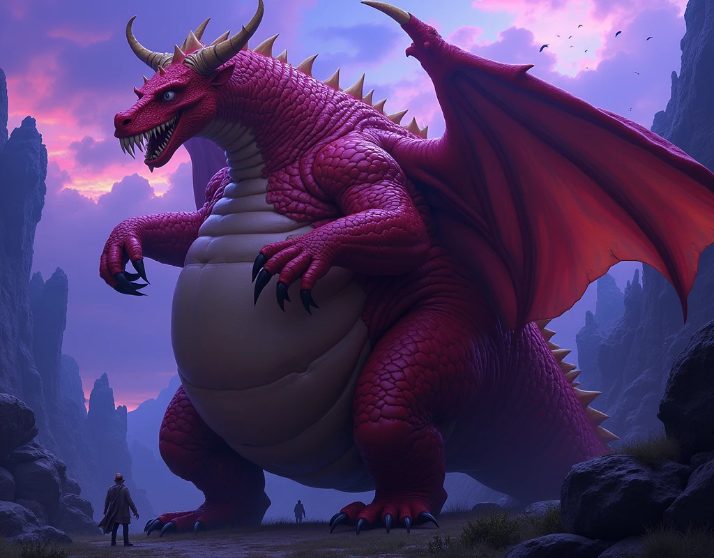 He is a red dragon,He has two arms and two legs and is cool.,Five fingers, five toes, and golden horns, Wings with hands, The world&#39;s most super tall and extremely obese dragon, So that the boat touches the ground,, It has wings and its facial features are so thick that it is bigger than its face, fat and huge, and its belly is swollen like a balloon that looks like a mountain that could burst. It is swollen several times more than its size and is distracting.!!! His belly touches the ground and his body is long. He is 10 heads tall. He is alone. He is too fat. His belly is too big and his legs, arms, face, and everything else look small compared to his belly fat. Make him bigger and fatter.