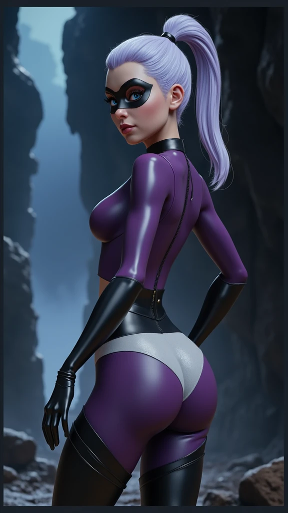 (rear view, backside view(La Best Quality,A high resolution,Ultra - detailed,actual),Ariana Grande es Violet Parr - The Incredibles :1.4),(cabello lizo violet hermoso :1.4), (BodySuit white látex :1.4), white crop top, ((domino mask:1.4)) , (white gray hair :1.4), (skirt lifted by itself: 1.1), (skirt lift: 1.3), (showing white panties: 1.3), ,(Ruined dungeon ruins cave cavern large stones background :1.4 ), More detailed 8K.unreal engine:1.4,UHD,La Best Quality:1.4, photorealistic:1.4, skin texture:1.4, masterpiece:1.8,first work, Best Quality,object object], (detailed face features:1.3),(The correct proportions),(Beautiful blue eyes),  (cowboy pose:1.4 ), (Ariana Grande :1.4), high quality, (RAW photo, best quality), (realistic, photorealistic: 1.4), (extremely delicate and beautiful: 1.4), amazing, fine details, masterpiece, ultra detailed, high resolution, best illustration, best shadow, intricate, ( extremely intricate: 1.2), (exquisitely detailed skin), cinematic light, perfect anatomy, (cool color: 1.4), sharp focus, 8k UHD, DSLR, (Fujifilm XT3),Epic Fantasy Art Style HD, 4K fantasy art, epic fantasy digital art style, epic fantasy art style, Fantasy Woman, epic fantasy art portrait, Epic fantasy style, hyperrealistic fantasy art, hd fantasy art, Epic fantasy character art, epic fantasy art, in style of dark fantasy art, epic fantasy digital art, (Violet Parr - The Incredibles :1.4), (Violet Parr V2.1),( face detailed :1.4), (anatomía perfecta :1.4), (iluminación cinematográfica :1.4), (cyborg plastic transparent BodySuit :1.4), (pose vaquero :1.4), high quality, (RAW photo, best quality), (realistic, photorealistic: 1.4), (extremely delicate and beautiful: 1.4), amazing, fine details, masterpiece, ultra detailed, high resolution, best illustration, best shadow, intricate, ( extremely intricate: 1.2), (exquisitely detailed skin), cinematic light, perfect anatomy, (cool color: 1.4), sharp focus, 8k UHD, (85mm F/1.4) ,(medias blancas brillantes/pantys:1.4),