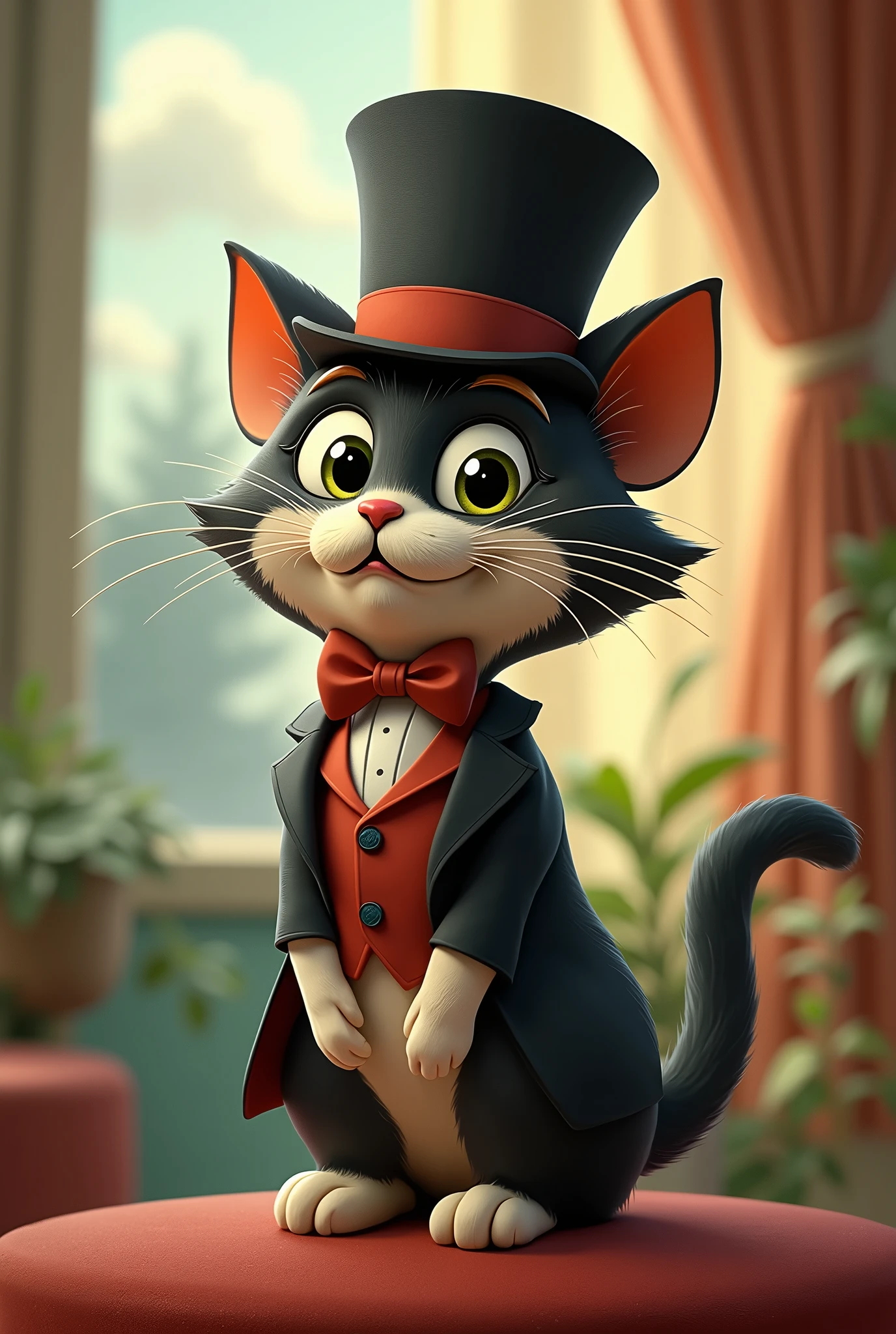 Frajola the cat with a top hat and a French mustache