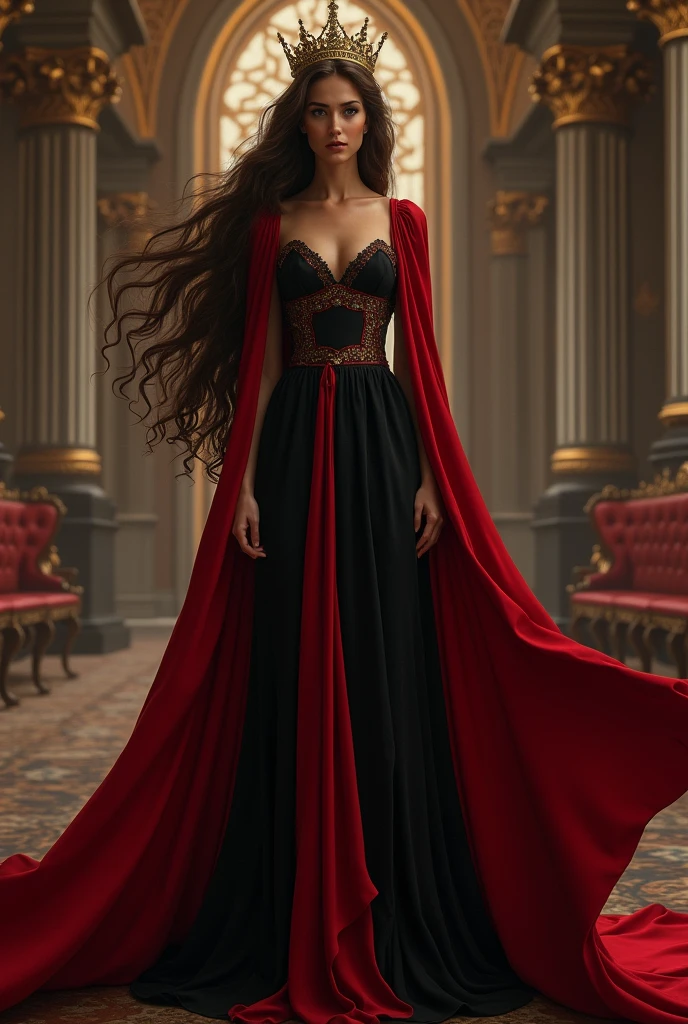 Woman in black and red dress long brown hair in a castle serious face with crown and brown skin