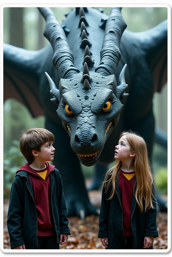 Create a sticker with white borders of a scene from the Harry Potter movie where 2 characters and a dragon appear, younger boy and older girl. in high resolution with blurred background, cinema image and hyper-realism with an emphasis on the eyes on the dragon