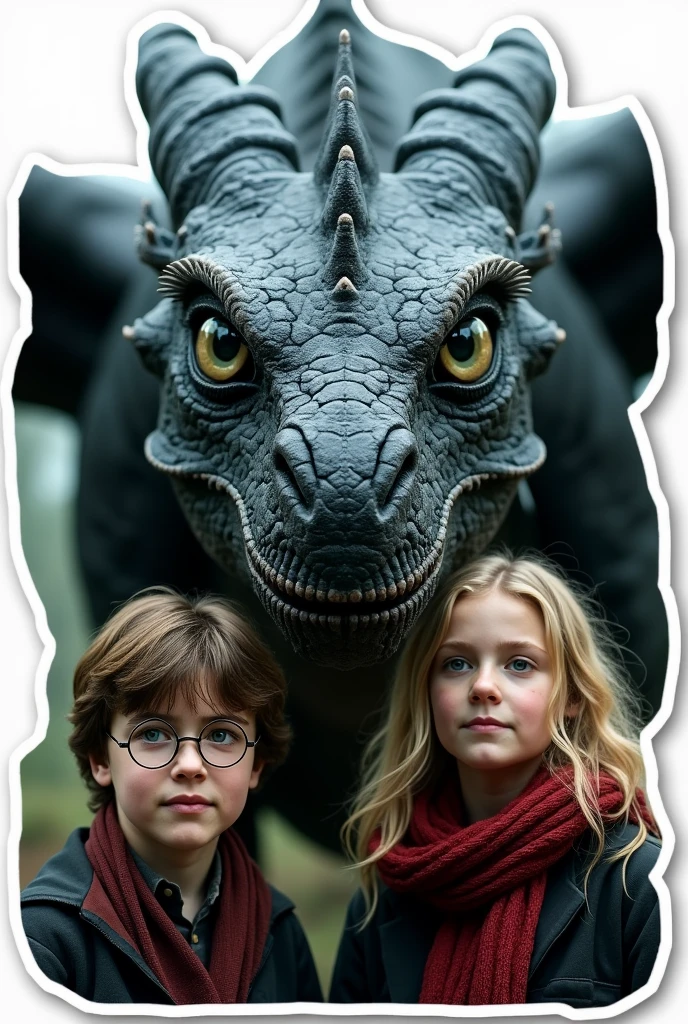 Create a sticker with white borders of a scene from the Harry Potter movie where 2 characters and a dragon appear, younger boy and older girl. in high resolution with blurred background, cinema image and hyper-realism with an emphasis on the eyes on the dragon