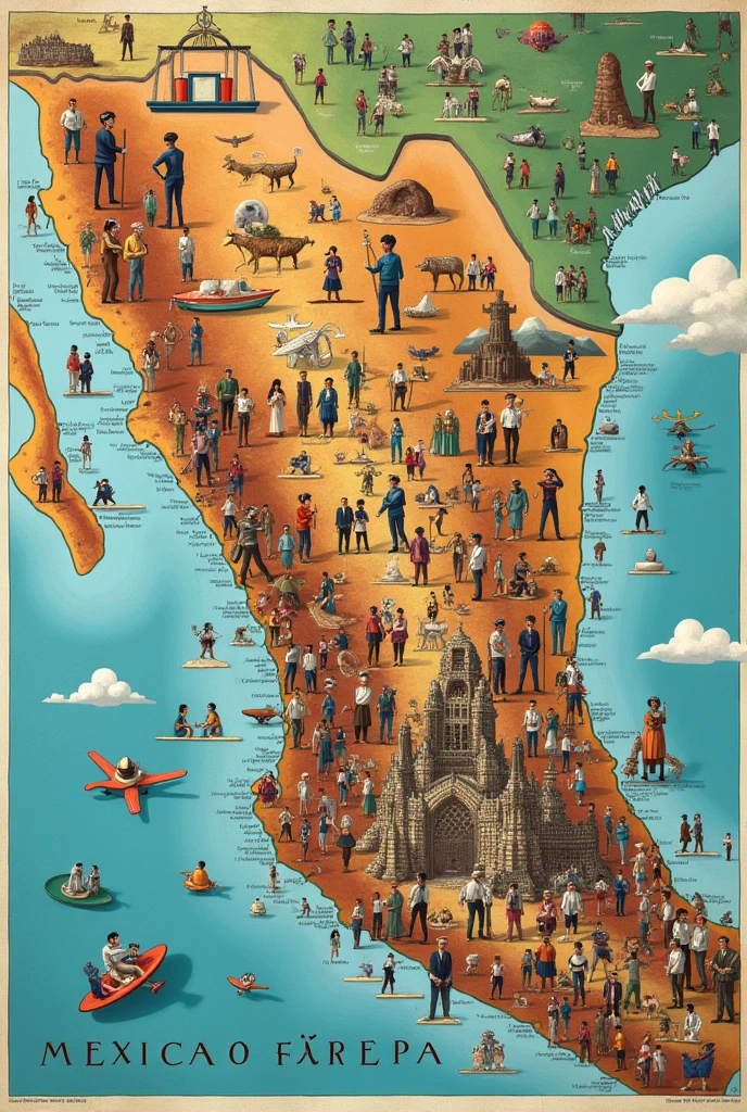 Create an image of the map of the Mexican Republic and in this there must be people of different ethnicities, older adults, boys girls ,agers and adults