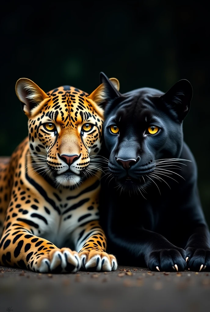 UHD, 4k, ultra detailed, cinematic, a photograph of Juxtaposition of two leopards and two black panthers are laying together,looking at viewer,simple background,yellow eyes,no humans,animal,cat,black background,realistic,animal focus,whiskers,tiger Juxtaposition, artistic, photography, dramatic light, dramatic shadow light, contrast, saturated color, cinematic, filmic, photographic, realistic, realism, perfection, perfect, Juxtaposed, opposite, different things, side by side, syncretism, antithesis, Juxtaposition style, epic, beautiful lighting, inpsiring