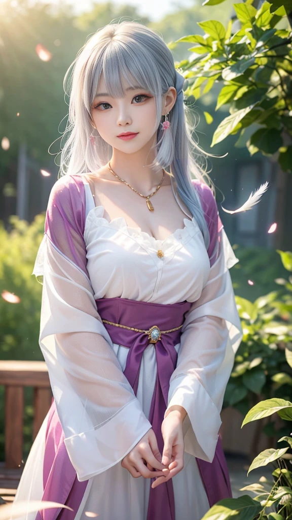 (best quality, masterpiece, high resolution, glow, Flood, Lens flare, Wide Angle), Sunlight, 1 [Korean] girl, ((Plum red:1.1) clothing), necklace, Jewelry, Long hair, earrings, super delicate Face, beautiFul Face, Full Face blush, (perFect eyes) and ( Long eyelashes: 1.4), glowing pupils, (White: 0.9), realism, (High Detail Skin: 1.2), 8K Ultra HD, Digital SLR Camera, high quality, Volumetric Lighting, Frank, high resolution, 4K, 8K, blur background, dream Forest, Radiant garlic, Feather drop eFFect, morning, Foreground, F/16