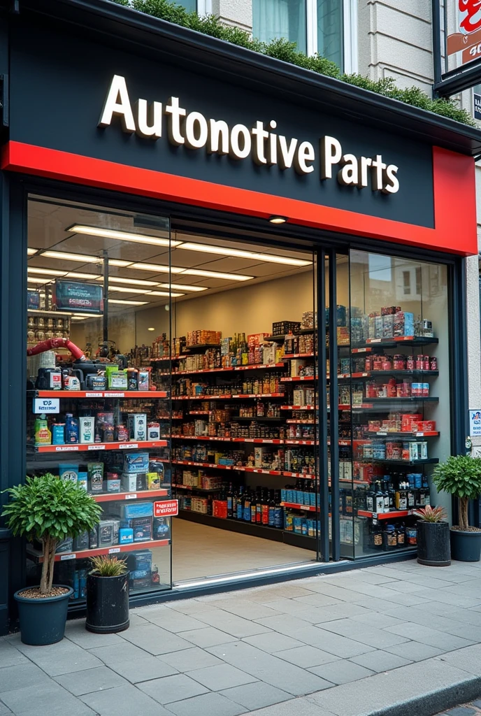 Store with display shelves that sells products and spare parts for vehicles, that can be seen from the outside, a simple image