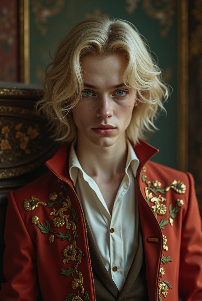 Photorealistic digital (absurd, High resolution, Super detailed), 1 young man, Effeminate, blue eyes,blonde hair in waves and shoulder-length layers, pale skin, gentle. lonely, Baroque, victorian clothing, long sleeve, elegant, rich and colorful, the most detailed.