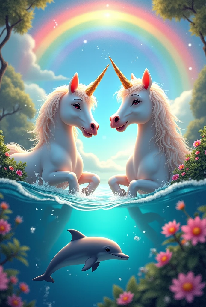 An image with unicorns, dolphins and rainbows 

