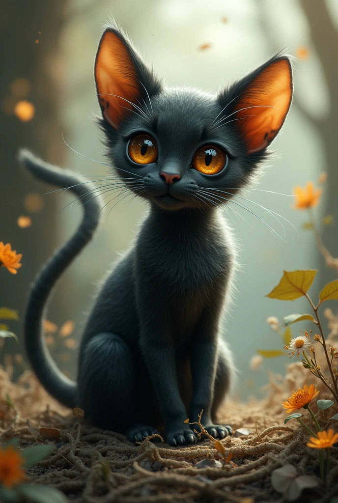 A short woman, big brown eyes, slim, black fur.