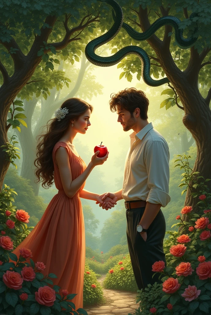 a couple in a beautiful garden, she with an apple in her hand offering it to him and in one of the trees in the garden a snake