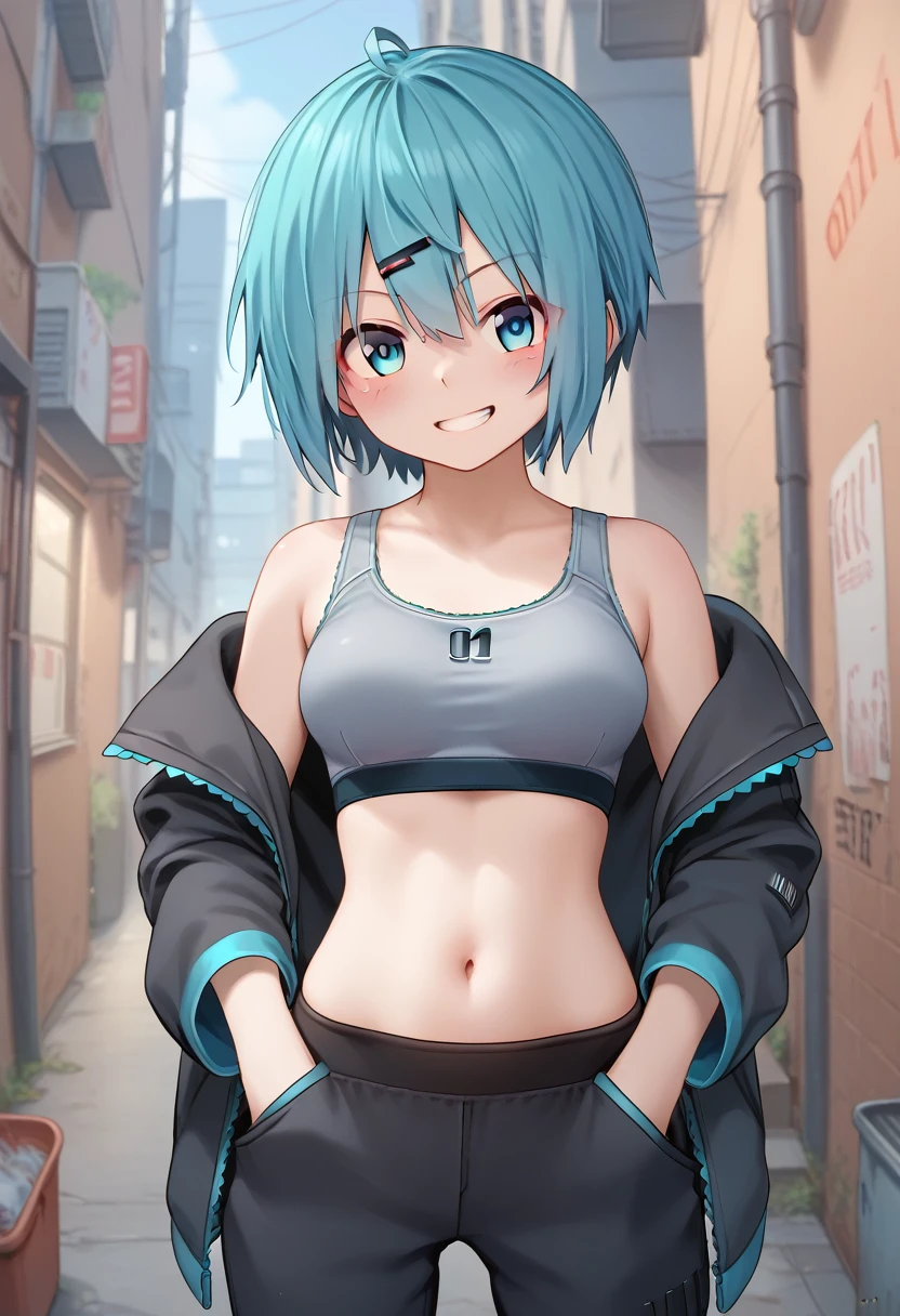  (uncensored), score_9, score_8_up, score_7_up,source_anime, high quality, exceptional, best quality, perfect hand, 1 girl, (solo), look at viewer, detailed face, detailed eyes, (((short hair))), (blushed:1.2), (grin:1.4), ((up grey sports bra )), (middle size breasts), ((designed black jacket)), (((black sports pants))), (hands on the pocket), ((standing in back alley)), hatsune miku, no hair clip, thin light blue hair, blue eyes visible through hair,