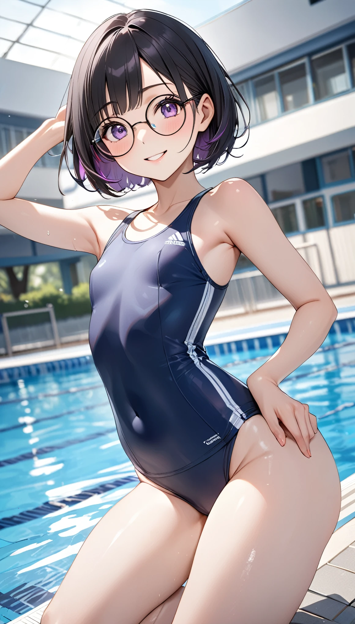 Highest quality、Best image quality、masterpiece、独奏, a girl、Beautiful Eyes、black hair, purple eyes、Short bob cut、(sideburns), middle part, (flat chest)、slender、Tight waist、Round Glasses、Beautiful Face、Natural smile、red cheek、Cute pose、school swimsuit, At the school pool、dynamic angle