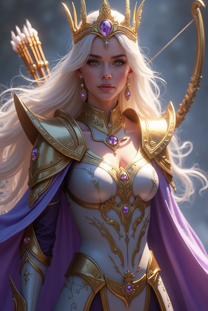 The Queen of the Arc is a majestic and elegant figure, dressed in light, gleaming armor that combines shades of gold, silver and purple. She carries an enchanted bow, encrusted with precious gems that emit an ethereal glow. Your cloak flows gracefully in the wind, and his golden crown, adorned with feather and jewel details, symbolizes their royal status. The Queen of Arc has piercing eyes and a determined gaze, and is accompanied by a magical aura that makes its arrows even more powerful and accurate..