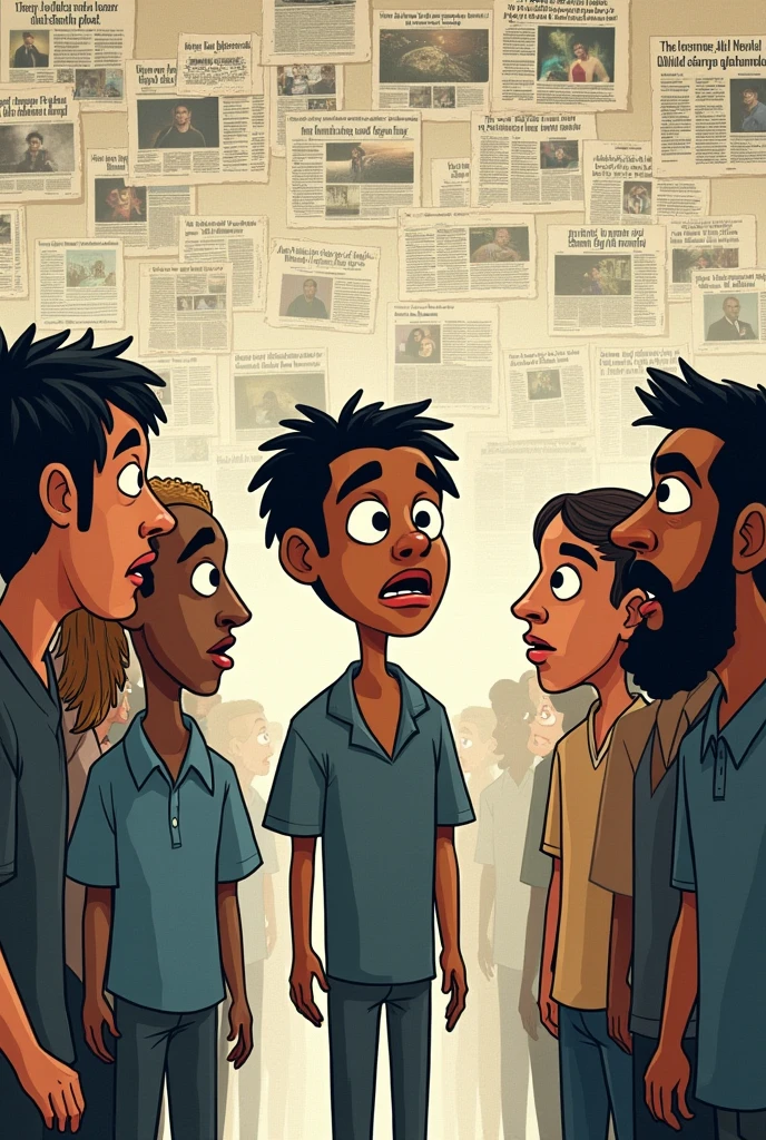 Illustrative cartoon, about social standards and a person who doesn't follow them, how they deal with very different people, show reality and anguish well, the most human image, and newspaper inspirations about these situations, as a prejudice report