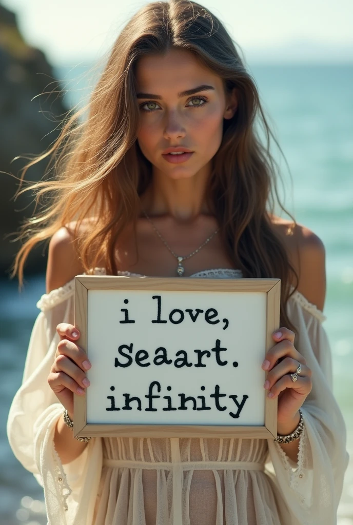 Beautiful girl with wavy long hair, bohemian dress, holding a white board with text "I Love Seaart Infinity" and showing it to the viewer