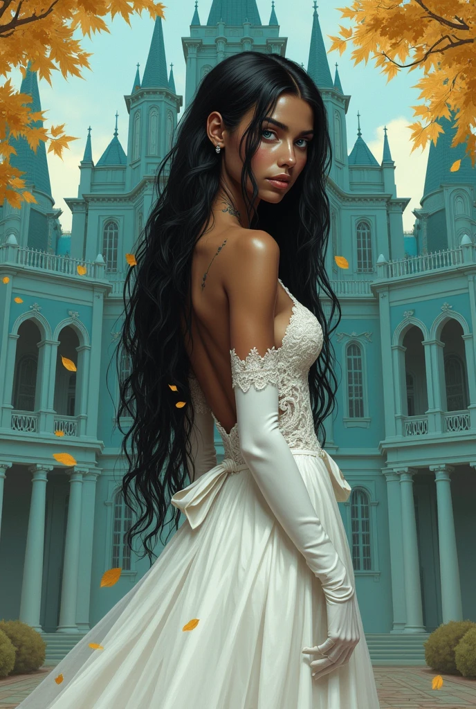 Caramel skin princess, with long black hair and light blue eyes. Her back has black veins popping out on her back, she wears a wedding dress and white silk gloves. She has a scared expression. In the background is a turquoise palace and golden leaves fall from the sky.. Realistic illustration like fairy tales by the Green brothers