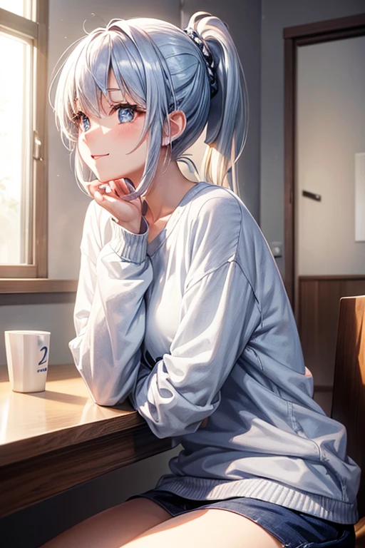 Beautiful lighting, 1 girl, alone, Female college student、Akane,Blue and silver hair, White shirt, sweater, ((Anime Style))、((2D))、Laughter、(((ponytail)))、A one-room university student's room、Sitting in physical education、whole body