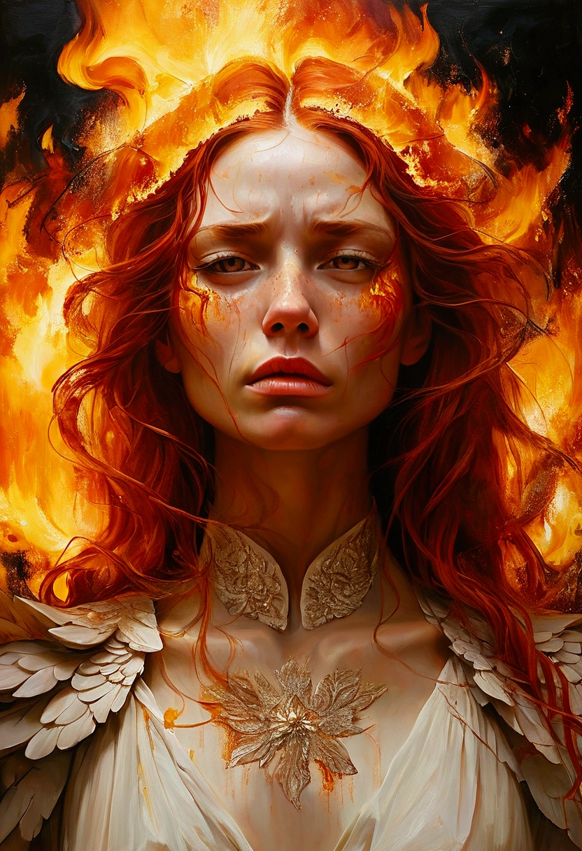 She creates a detailed and expressive painting of a woman representing the element of fire with long red hair in the foreground. The woman should be centred in the image with her head slightly tilted back, her eyes show a great expression of sadness, longing and too much anger with tears rolling down her cheeks, these tears have golden tones on her face; she reflects the intensity of the emotions in her eyes as in Cabanel's portrait of The Fallen Angel. His face should be centred towards the camera. His shoulders should be visible, while the rest of his body remains outside the frame. The background should present the element of fire that he forms with ash-like elements behind his head, composed of an iconic element of solar devastation in dark orange and dark yellow tones as the extinguished flames create an intense and radiant effect against a black background. The background should be powerful, showing her fury and energy, giving a juxtaposition between the expression of the woman's face and the background of chaos. The hair should give a sense of movement and energy like the wind. Use dramatic lighting to highlight the woman's face and hair, creating a strong contrast with the fiery background. The artistic style should focus on intricate details and ethereal elements, ensuring that the overall composition looks divine and otherworldly. Keep the warmth of the colours and fine textures to faithfully reproduce the image provided, allowing the figure to be substituted for another, but retaining the background and overall style.