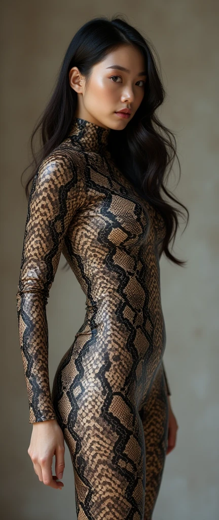 The most beautiful,thin,most pretty and clever Asian Chinese adult girl wears snake lycra turtleneck unitard catsuit .She always wear snake print lycra dancewear zentai  hood.