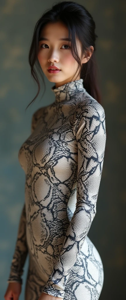 The most beautiful,thin,most pretty and clever Asian Chinese adult girl wears snake lycra turtleneck unitard catsuit .She always wear snake print lycra dancewear zentai hood.