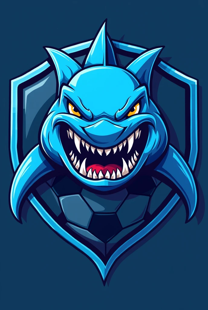 Create a shark shield for a soccer sports team with blue and light blue colors including a soccer ball 