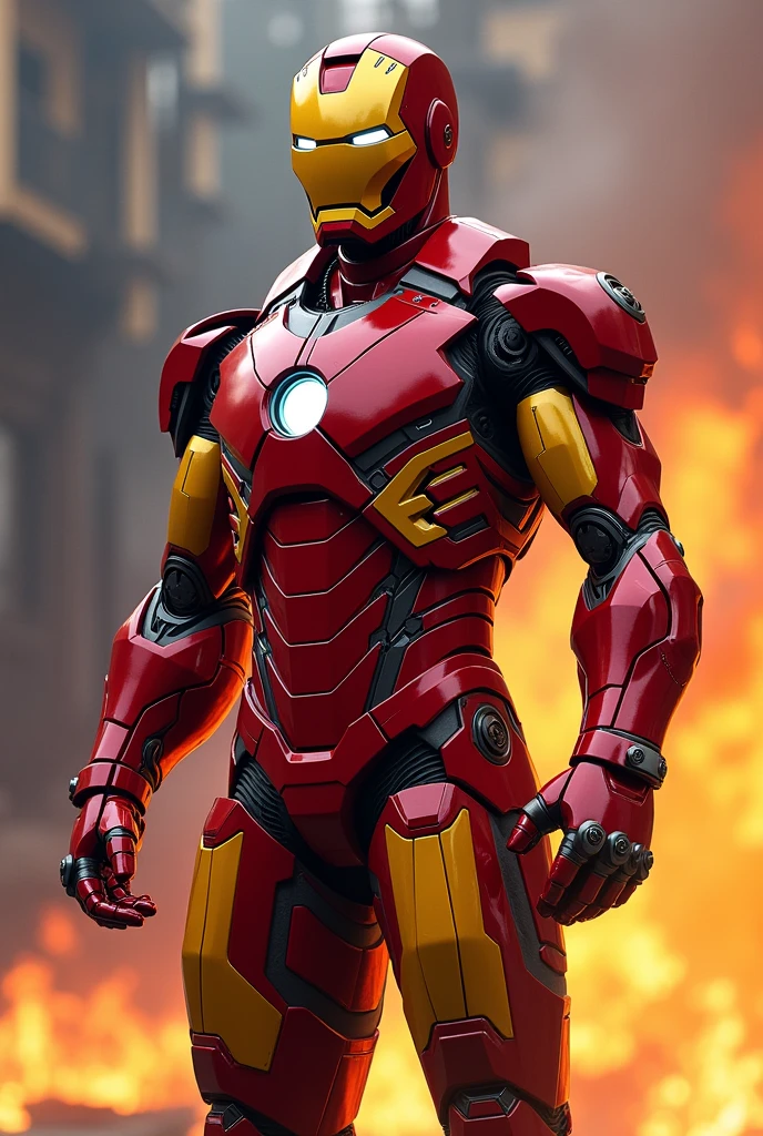 Chat create the Iron Man armor from the first movie with the colors of a firefighter and something that reminds me of firefighters in the armor