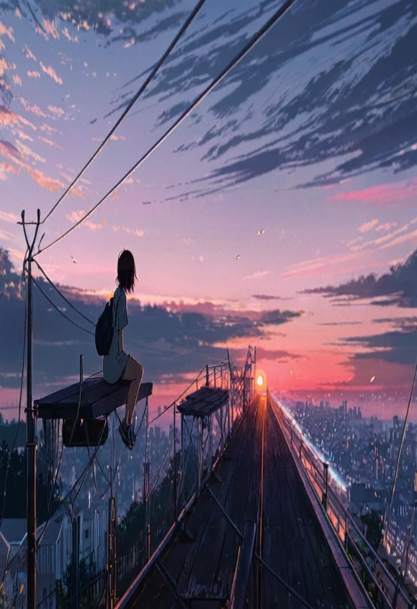  a women sitting on a rail watching the sunset, makoto shinkai cyril rolando, ( ( makoto shinkai ) ), beautiful  scene, watching the sun set. anime, amazing wallpaper,  asthetic,  background, 4k  wallpaper, inspired by Makoto Shinkai, by Alena Aenami, nime wallpaper 4k