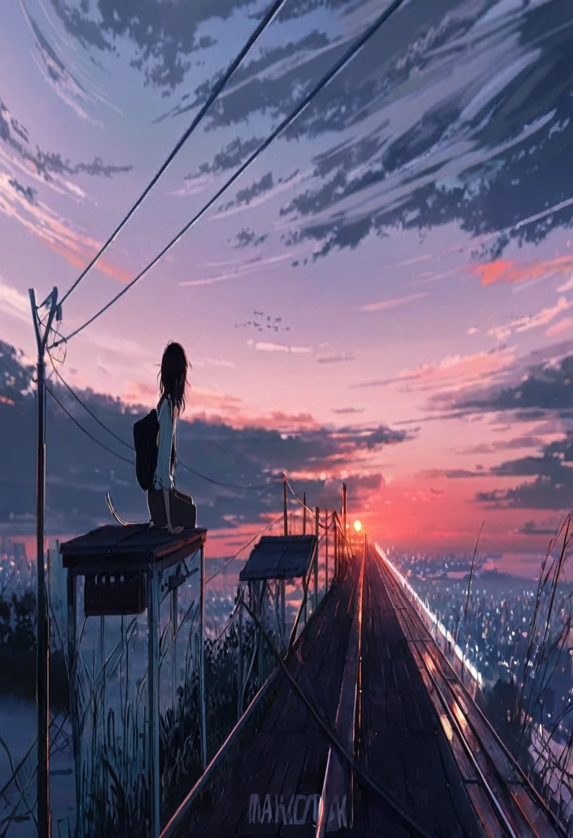  a women sitting on a rail watching the sunset, makoto shinkai cyril rolando, ( ( makoto shinkai ) ), beautiful  scene, watching the sun set. anime, amazing wallpaper,  asthetic,  background, 4k  wallpaper, inspired by Makoto Shinkai, by Alena Aenami, nime wallpaper 4k