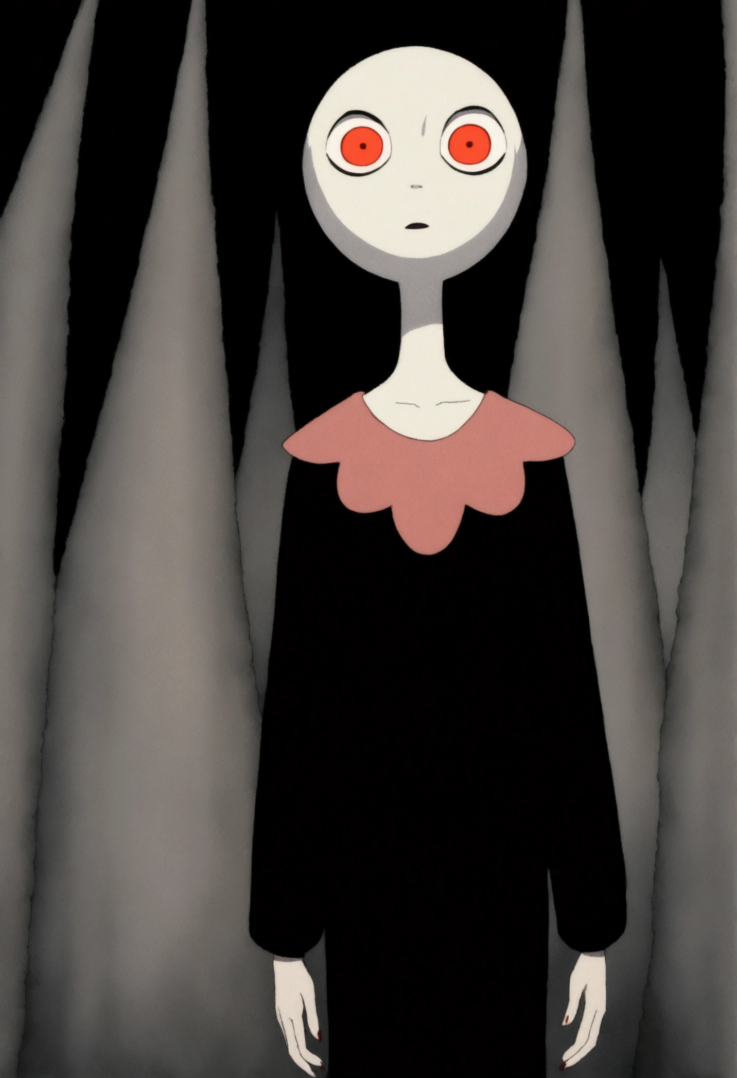 painting of a person standing in front of a red eye, yume nikki, animated film still, still from animated horror movie, inspired by Junji Ito, animation film still, one eye red, red-eyes, visible pupils, inspired by Gertrude Abercrombie, junji ito artwork, eerie and grim art style, red eyes wide open, animation still