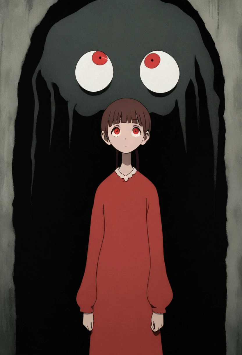 painting of a person standing in front of a red eye, yume nikki, animated film still, still from animated horror movie, inspired by Junji Ito, animation film still, one eye red, red-eyes, visible pupils, inspired by Gertrude Abercrombie, junji ito artwork, eerie and grim art style, red eyes wide open, animation still