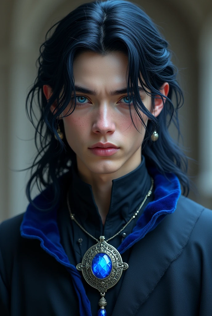 Young man with fair skin, long black hair with blue highlights, intense blue eyes, of average height and slender figure. She wears an ancient amulet with a blue crystal on a silver chain and wears dark, elegant clothing.. His expression is serious and thoughtful.. has a SHINY blue collar